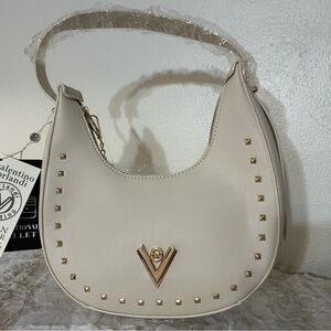 Valentino Orlandi Cream Gold Shoulder Bag & pouch with Studded Detailing